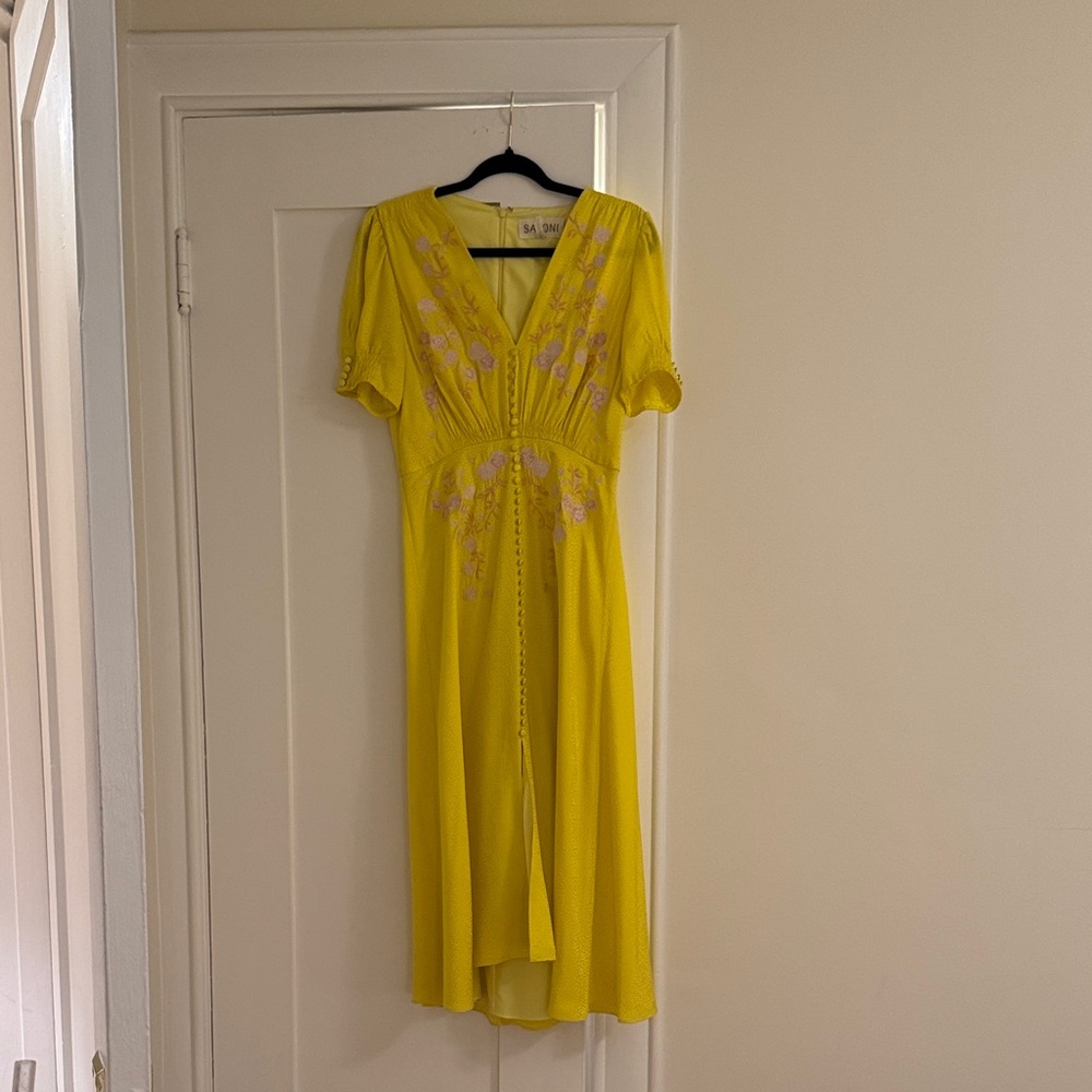 SALONI Yellow and Purple Embroidered Midi Dress